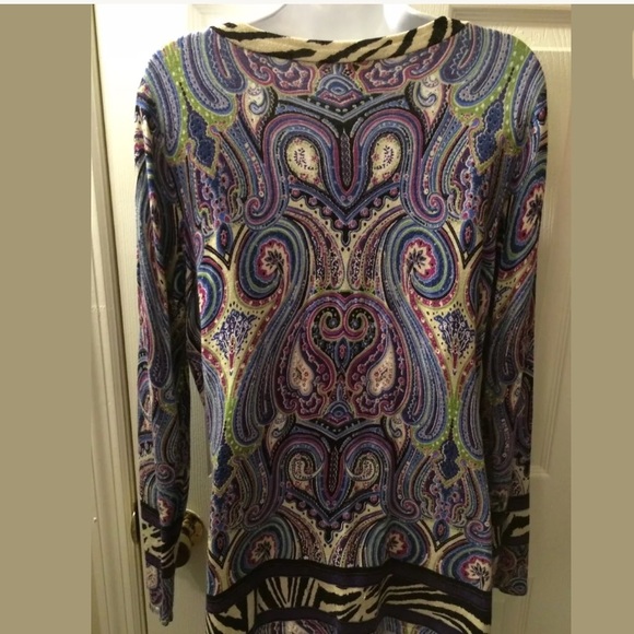 CHICOS Paisley Animal Print Sweater Purple Knit Long Tunic Length Soft Light - Picture 7 of 9